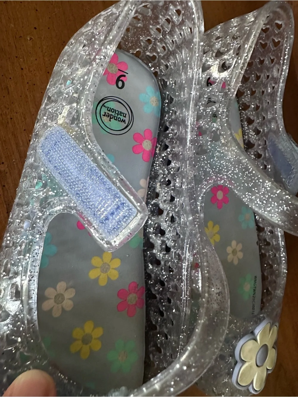 Kids Glitter Jelly Mary Jane Shoes - Blue Clear with Multi-Color Flowers